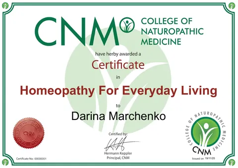 Сертифікат College of Naturopathic Medicine про проходження курсу Homeopathy For Everyday Living